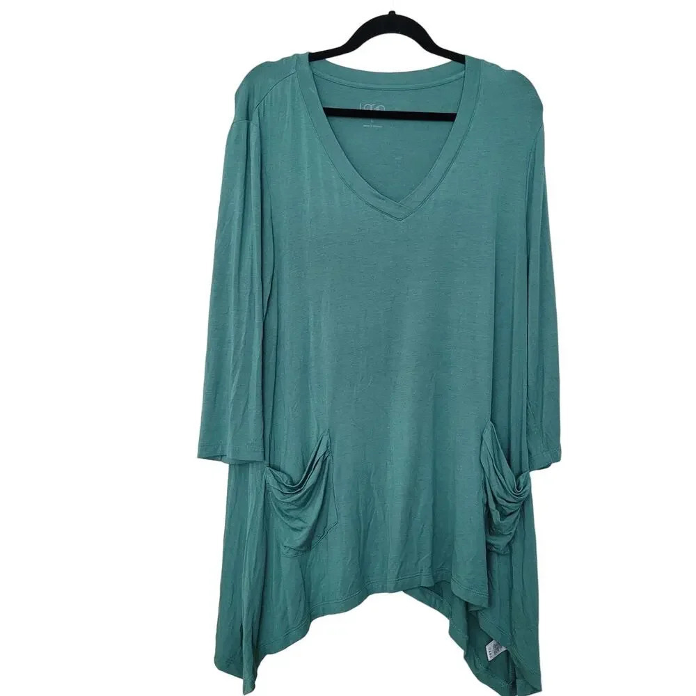 LOGO by Lori Goldstein Womens Blouse Top L Green Rayon Long Sleeves Lagenlook